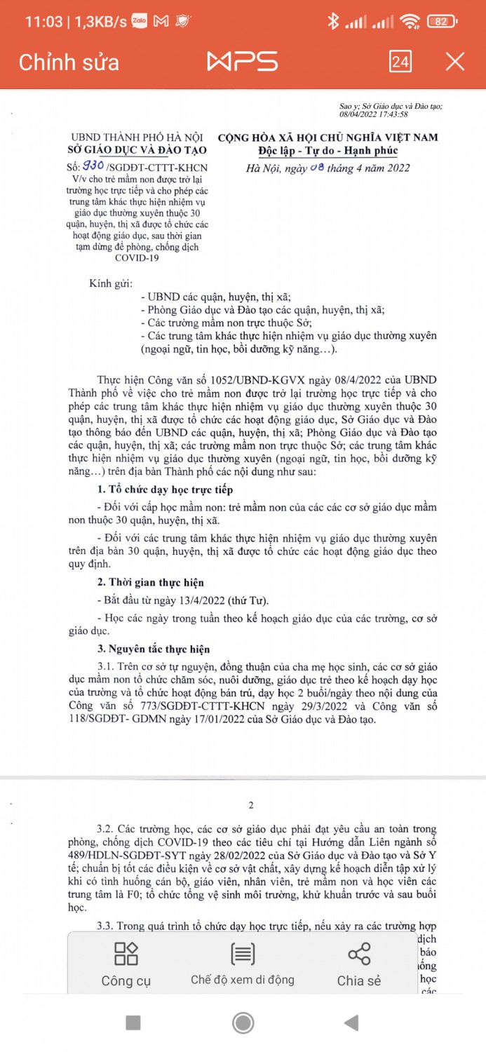 CV số 930 V/v cho trẻ mầm non được trở lại trường học trực tiếp